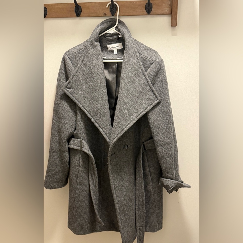 Calvin Klein Gray Wool Blend Pea Coat – Never Worn – Classic Belted Style